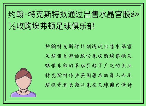 约翰·特克斯特拟通过出售水晶宫股份收购埃弗顿足球俱乐部 约翰·特克斯特拟通过出售水晶宫股份收购埃弗顿足球俱乐部